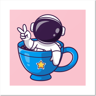 Cute Astronaut In Mug With Peace Hand Cartoon Posters and Art